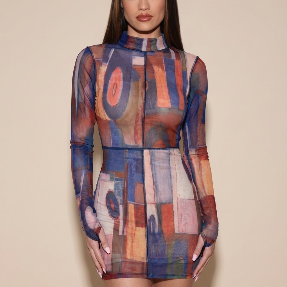 Fashion Nova Blue and Orange Sheath Dress with Bishop Sleeves